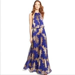 Xscape NWT Navy Blue and Gold Foiled Pleated Blouson Maxi Dress Gown Size 12